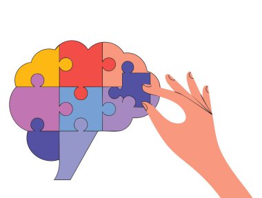 Düz vektör resimlemesindeki renkli bir yapboz beynine eksik bir parça yerleştiren bir el, problem çözme sembolü, fikirler, zeka, takım çalışması ve insan yaratıcılığı eğitim temaları