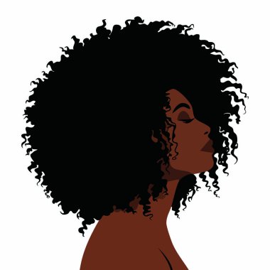 Afrikalı veya Afrikalı Amerikalı kadın portresinin düz vektör çizimi kıvırcık saçlı ve kapalı gözlü, güzelliğin, zerafetin, kültürün, moda temalarının ve sanatsal modern tarz tasarımının sembolü