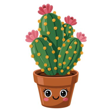 Pembe çiçekli sevimli yeşil kaktüs gülen saksı vektör illüstrasyonu izole edilmiş tasarım minimalist oyuncu sanat tarzı dekor veya yaratıcı sanat için mükemmel.