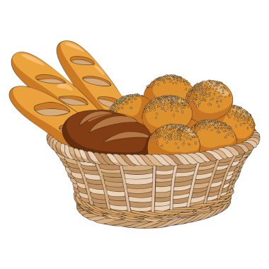 Pasta sepeti illüstrasyonunda hamur ekmeği, tam tahıllı çavdar ekmeği, somun ekmeği Fransız baget tostu, fırın gıda tasarımı konsepti gösteriliyor.