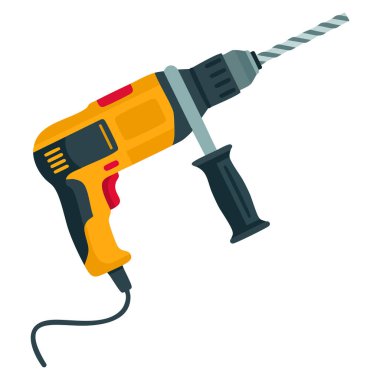 Web sitelerinde, sosyal ağlarda ve çevrimiçi depolama projelerinde tasarım elemanı için uygun inşaat aracı ikon elektrikli matkabının çizgi film düz vektör illüstrasyonu