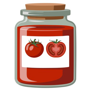 Konserve, domates makarnası, yiyecek ambalajı, mutfak içeceği ve yaratıcı tasarım sanat projeleri için mükemmel domates suyu illüstrasyonlu cam kavanoz.