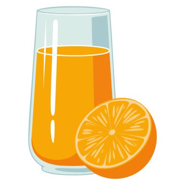 Bir bardak portakal suyu ve portakal suyu illüstrasyonu taze narenciye, meyve suyu vitaminleri ve sağlıklı içecek promosyon tasarımları için mükemmel izole edilmiş.