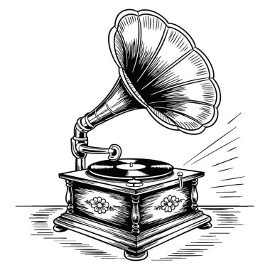 Gramofon vintage oyma vektör illüstrasyon eli beyaz arkaplan üzerine izole edilmiş retro müzik afişi veya dekoratif tasarım için ideal