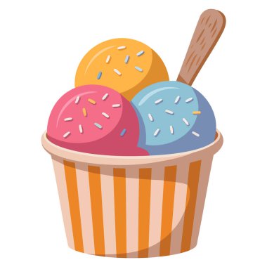 Dondurma vektör simgesi, renkli toplar, gofret ruloları ve parlak bardakta meyve aromalı etiketler, sosyal medya, tatlı ve gurme temalı tasarımlar için mükemmel.