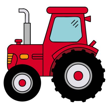 Beyaz zemin üzerinde izole edilmiş siyah tekerlekleri ve bej egzoz borusu olan kırmızı traktörün vektör düz çizimi kırsal makineleri ve tarımı temsil ediyor.