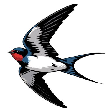 Gökyüzünde kanatları açık uçan sevimli kırlangıç kuşunun vektör çizimi kartpostallar, çizgi film düz stili, çıkartma tasarımı ve izole arkaplan için ideal