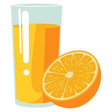 Portakal suyu bardağının portakallı vektör çizimi beyaz arka planda izole edilmiş taze narenciye için ideal sağlıklı içecek ve vitamin açısından zengin çizimler.