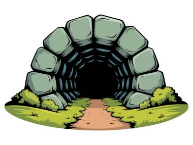 Taştan mağara girişinin temsili karanlık dağ çukuru yerin derinliklerinde yeşil tepe beyaz arka planda izole edilmiş doğal manzara tasarımı için ideal.