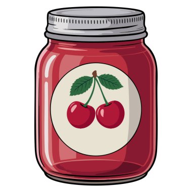 Kirazlı tatlı reçel kavanozunun vektör çizimi. Mutfak malzemesi, tatlı ambalajı ya da meyve temalı sanat eseri için ideal tasarım elementi.