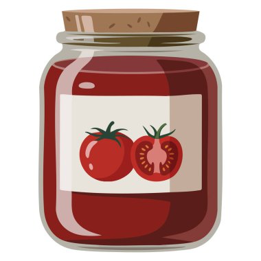 Mutfak, ambalaj, içecek ve yemek temalı yaratıcı tasarımlar için uygun cam kavanozda domates suyu, konserve ve domates makarnasının vektör çizimi