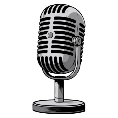 Klasik stil gri mikrofon vektör çizimi sunum haber podcast karaoke gösterisi veya retro tarzı müzik ve ses yaratıcı tasarımlar için mükemmel izole edilmiştir.