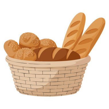 Buğday ekmeği, çavdar ekmeği, ekmek ekmeği, ekmek, ekmek, ekmek, ekmek, Fransız ekmeği ve tebeşir tasarımı içeren hasır ekmek sepeti.