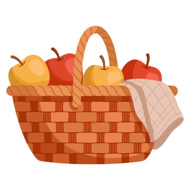 Güz hasat festivali için elmalı turta sepeti. Kutlama kartı davetiyesi ve mevsimsel tasarım unsurları için ideal.