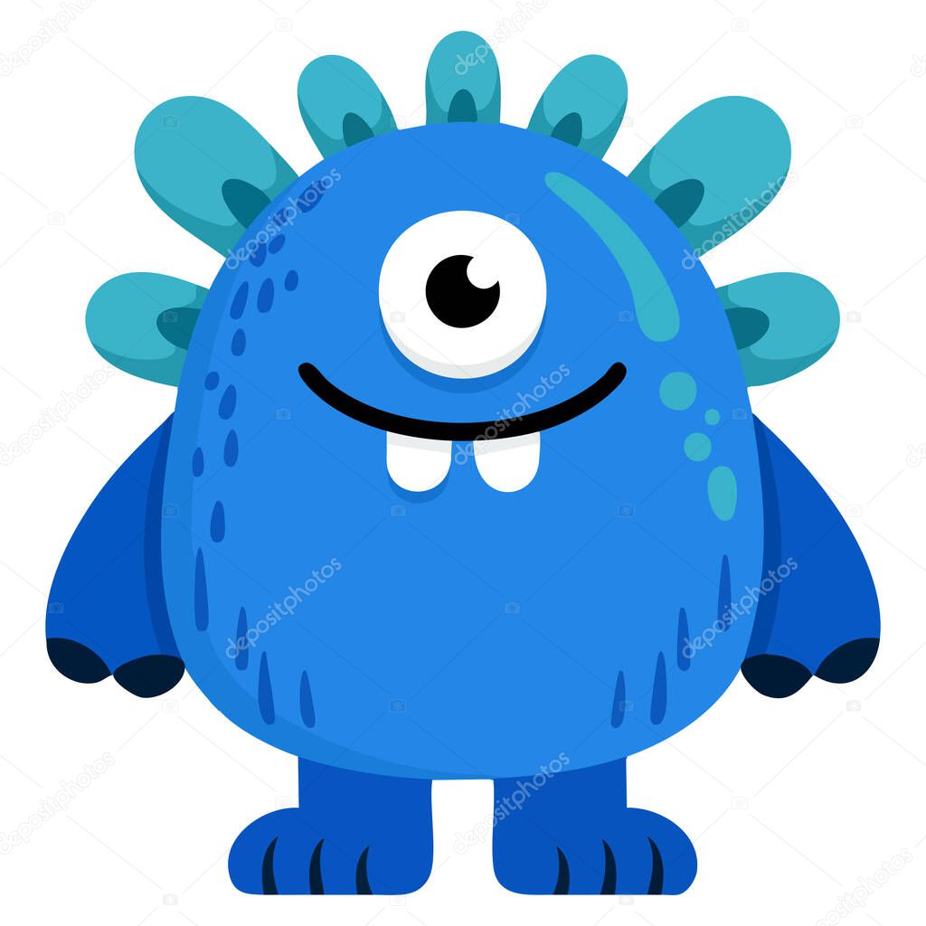 Blue monster cartoon vector illustration friendly mutant with one eye spikes suitable for website graphics emotions reactions expression and instant messenger stickers