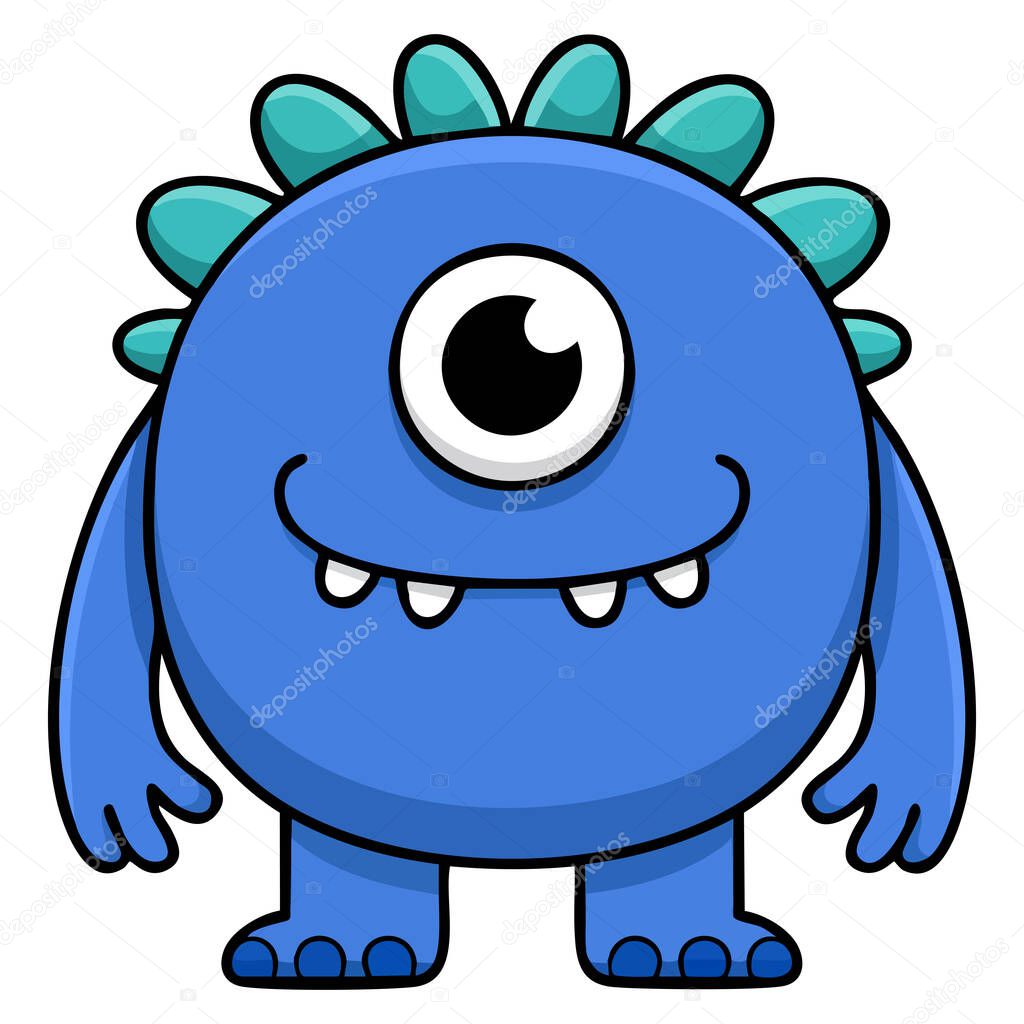 Blue monster character vector illustration friendly mutant one eye spikes graphic element suitable for website emotions reactions expression sticker instant messenger cartoon flat design
