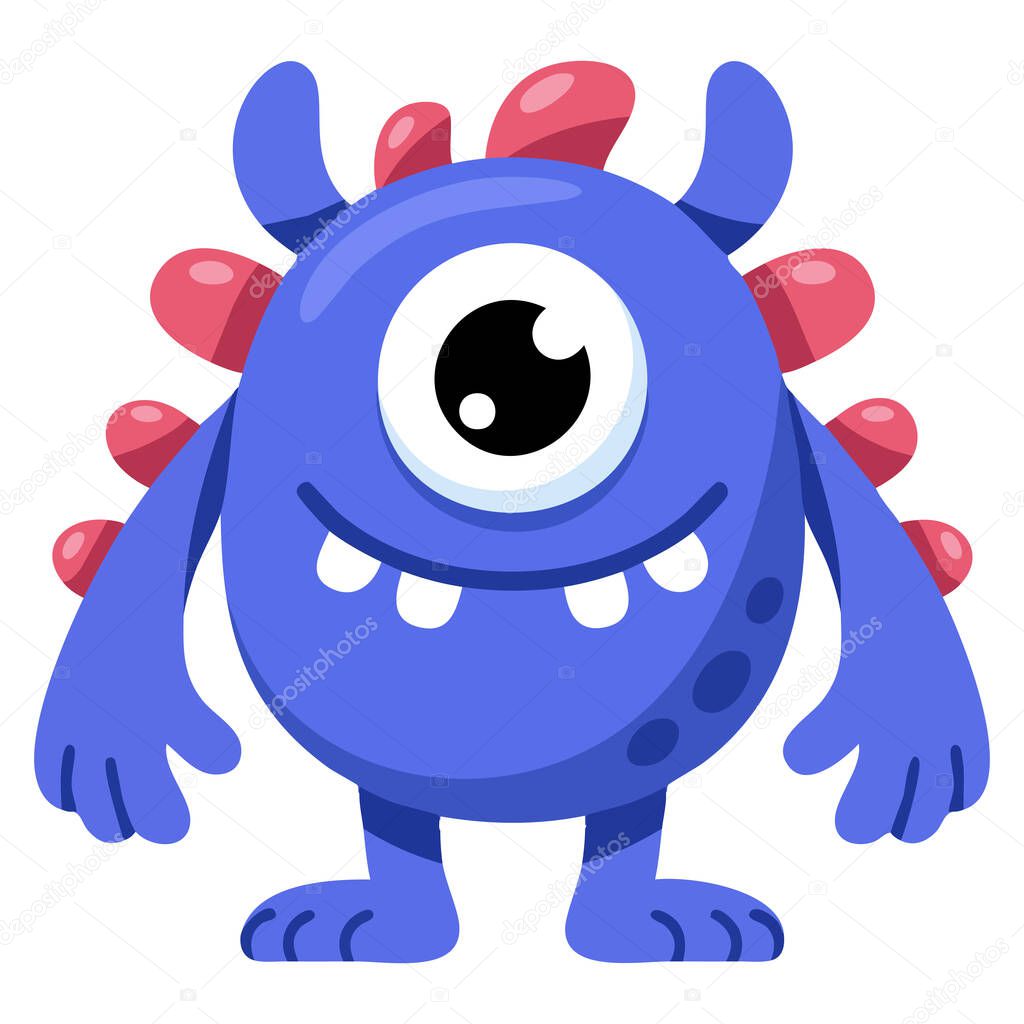Vector illustration of blue monster character friendly one eyed mutant with spikes ideal for website emotions reactions expression instant messenger sticker cartoon flat design