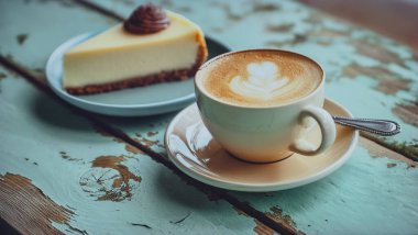 Cafe 'de bir fincan kapuçino, kahve ve kek.