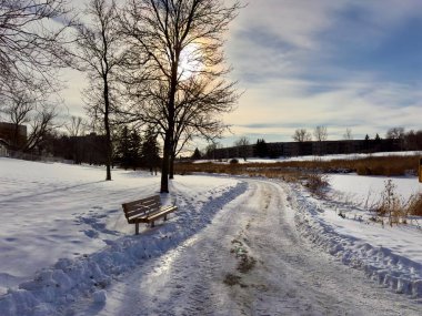 Karlı bir yolu olan kış manzarası, bir bank, ağaçlar ve açık bir gökyüzünde parlayan güneş ışığı..
