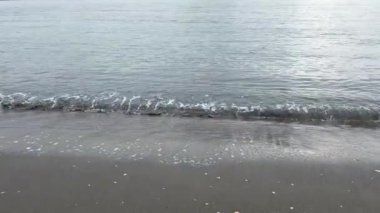 Kumlu bir sahilde sörf, kumlu bir sahilde küçük dalgalar, sakin bir atmosfer.