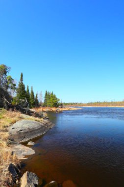 Sakin bir nehir, kuzeydeki açık mavi gökyüzünün altında kayaların ve çam ağaçlarının arasından akar..