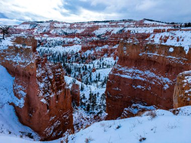 Bryce Canyon Ulusal Parkı 'nda kırmızı kaya ve taşlı kar manzaralı uçurumlar