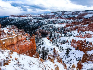 Bryce Canyon Ulusal Parkı 'nda kırmızı kaya ve taşlı kar manzaralı uçurumlar
