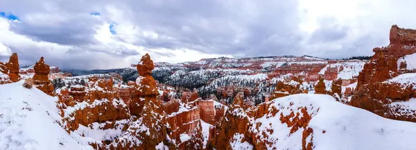 Bryce Canyon Ulusal Parkı 'nda kırmızı kaya ve taşlı kar manzaralı uçurumlar