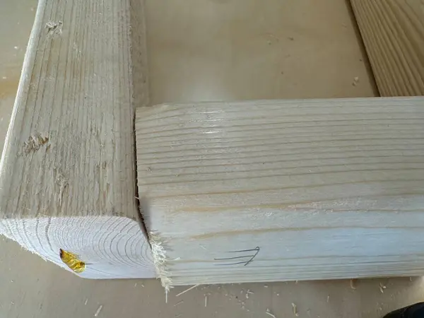 stock image A close-up view of freshly cut wood showing resin oozing from a knot in the lumber during a woodworking project