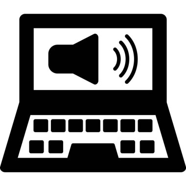 Hoparlör simgesine sahip bilgisayar, vektör illüstrasyonu beyaz arkaplanda izole edildi