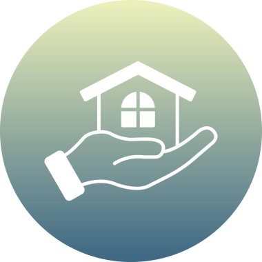 Mavi arka planı olan bir evi tutan bir elin vektör çizimi