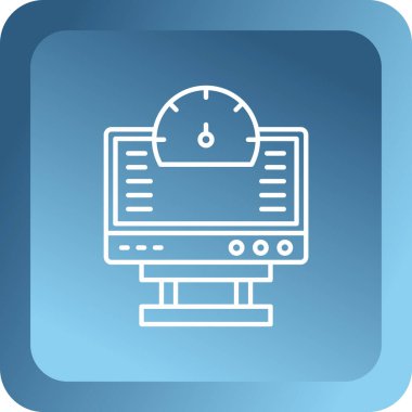 Uzun gölgede izole edilmiş bir ekran simgesine sahip beyaz çizgi bilgisayar monitörü. Ekran işareti olan bir monitör. vektör.