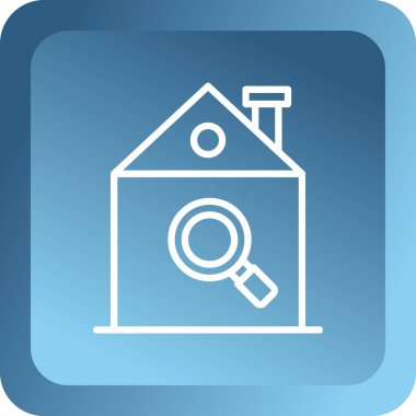 Beyaz arka planda izole edilmiş büyüteç ikonlu mavi ev. Ev inşa sembolü. Emlak işi konsepti. Beyaz daire düğmesi. vektör illüstrasyonu