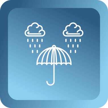 Yağmurlu beyaz bulut ve uzun gölge arkaplan izole güneş ikonu. Yağmur damlalı yağmur bulutu yağışı. Mavi kare düğme. düz vektör illüstrasyonu