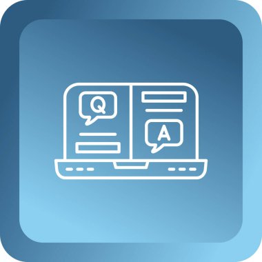 Beyaz arkaplanda soru işareti simgesi olan mavi dizüstü bilgisayar. Faq ve soru. dosyalar, sohbet, konuşma balonu, vektör illüstrasyonu