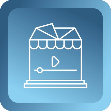 Uzun gölgeli bir ikona sahip beyaz alışveriş sepeti. konsept satın. Süpermarket tabelası. Süpermarket alışveriş arabası. Mavi kare düğme. vektör