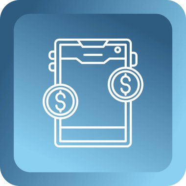 Mavi çizgi çevrimiçi para simgesi beyaz arkaplanda izole edildi. Cep telefonuyla bankacılık ya da finansal konsept. Cep telefonu. Mavi daire düğmesi. vektör.