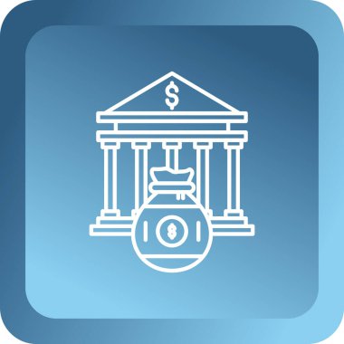 Uzun gölgeli beyaz banka kulesi ikonu. Mavi kare düğme. vektör illüstrasyonu