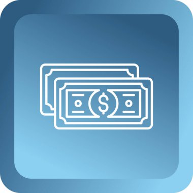 Beyaz arka planda dolar sembolü olan mavi para çantası. Bankacılık ya da USD para birimi tabelası. Mavi kare düğme. vektör illüstrasyonu.