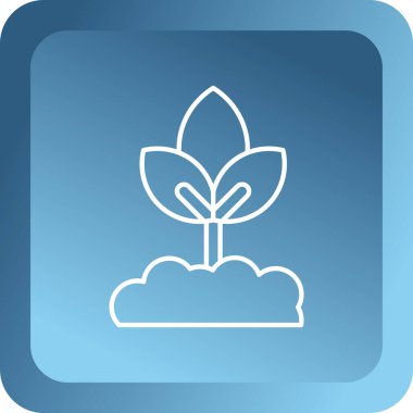 Beyaz arka planda izole edilmiş, çömlek simgesindeki beyaz bitki. Saksıda yetişen bir bitki. Saksı bitkisi işareti. Mavi kare düğme. vektör illüstrasyonu