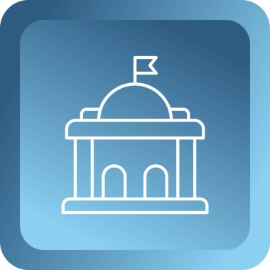 Bayrak simgesine sahip beyaz çizgili bina uzun gölgeli. Amerika Birleşik Devletleri. Mavi kare düğme. vektör illüstrasyonu