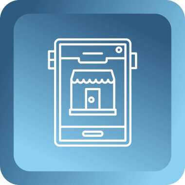 Beyaz gölgede izole edilmiş cep telefonu simgesi olan beyaz çizgi çevrimiçi alışveriş mağazası. Satın almak, satın almak ve satın almak. Mavi kare düğme. vektör illüstrasyonu