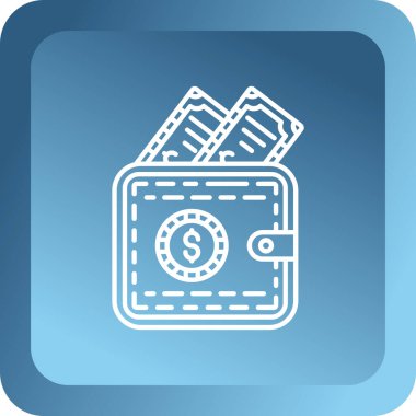 Beyaz arka planda dolar sembolü olan mavi çizgi parası. Dolar banknotları olan para. Nakit tasarruf konsepti. Mavi kare düğme. vektör illüstrasyonu