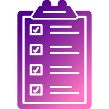 Kontrol listesi vektör simgesi. İllüstrasyon biçimi pembe ve mor renktir, vektör sembolü.