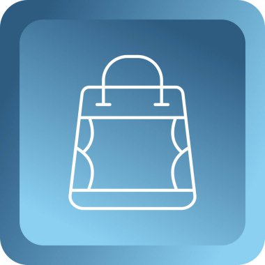 Uzun arka planda izole edilmiş beyaz çizgi halinde kahve fincanı ikonu. Kahve işaretli çanta. Mavi kare düğme. vektör illüstrasyonu