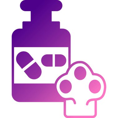 Beyaz arka planda ilaç şişesi ikonu olan beyaz evcil köpek. Kedili köpek. Hayvan reçetesi. Soyut daire renk düğmesi. vektör illüstrasyonu