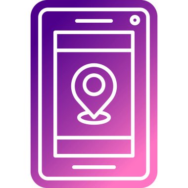 Beyaz arkaplanda izole edilmiş akıllı telefon simgesine sahip mor konum. vektör illüstrasyonu