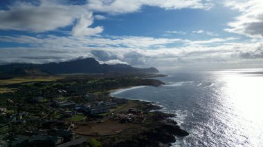 Enfes bir sahilin 4K hava manzarası, turkuaz dalgalar sergiliyor altın kumda hafifçe süzülüyor, dağınık palmiye ağaçları ve parlak mavi gökyüzünün altında berrak bir ufuk..
