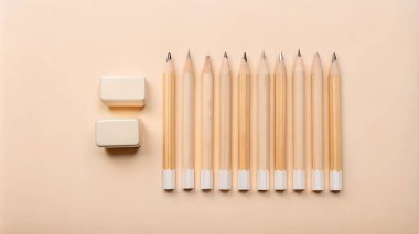 Yeni açılmış kalemler ve silgi dizisi.