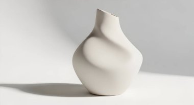 İnce kıvrımlı, mat beyaz bir vazo, beyaz bir yüzey üzerinde modern tasarımı içinde sessiz bir entelektüelliği somutlaştıran yumuşak bir gölge bırakır..